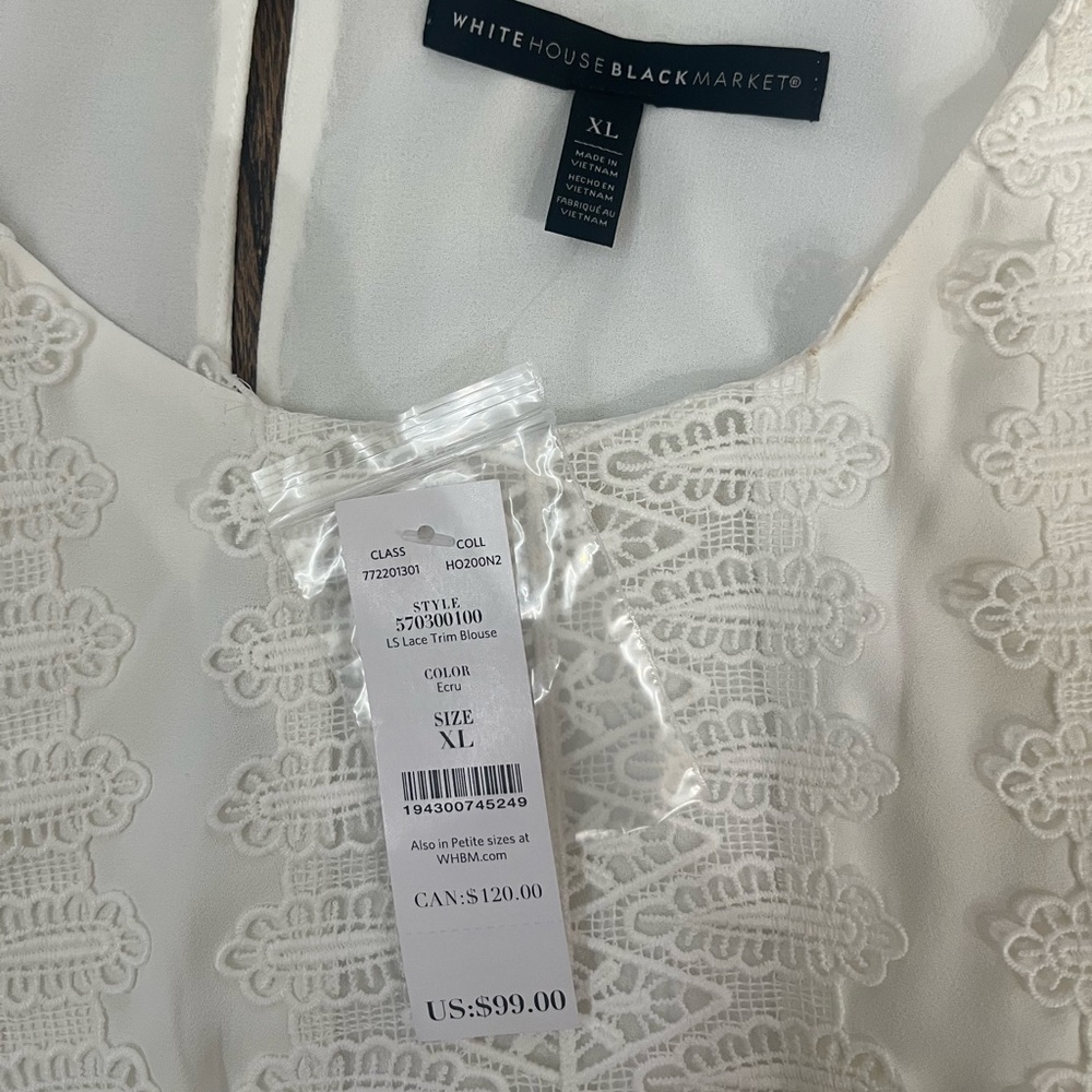 White House black market, white long sleeve with lace, brand new (XL)